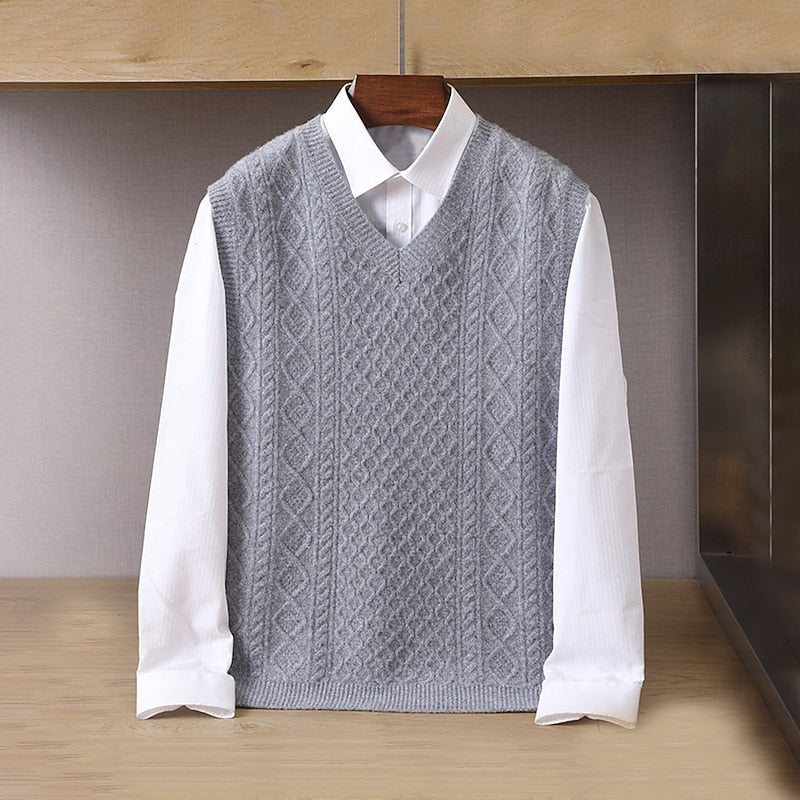 Sweater Vest V-Neck Cable-Knit Sleeveless Men's Gray – Casual, Office, Layering, Gift
