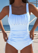 Tankini Swimsuit Light Blue Striped Ruched Adjustable Side Tie Women's – Beach, Swimming