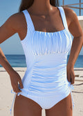 Tankini Swimsuit Light Blue Striped Ruched Adjustable Side Tie Women's – Beach, Swimming
