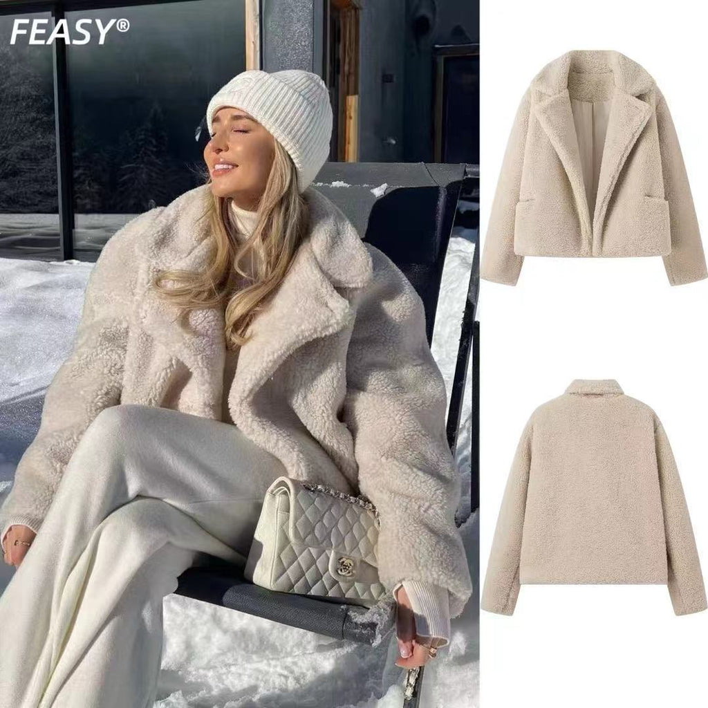 Teddy Fleece Jacket Women's Lapel Relaxed Fit Beige Cropped Coat – Casual, Winter, Office, Gift