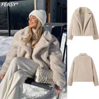 Teddy Fleece Jacket Women's Lapel Relaxed Fit Beige Cropped Coat – Casual, Winter, Office, Gift