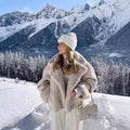 Teddy Fleece Jacket Women's Lapel Relaxed Fit Beige Cropped Coat – Casual, Winter, Office, Gift