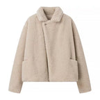 Teddy Fleece Jacket Women's Lapel Relaxed Fit Beige Cropped Coat – Casual, Winter, Office, Gift
