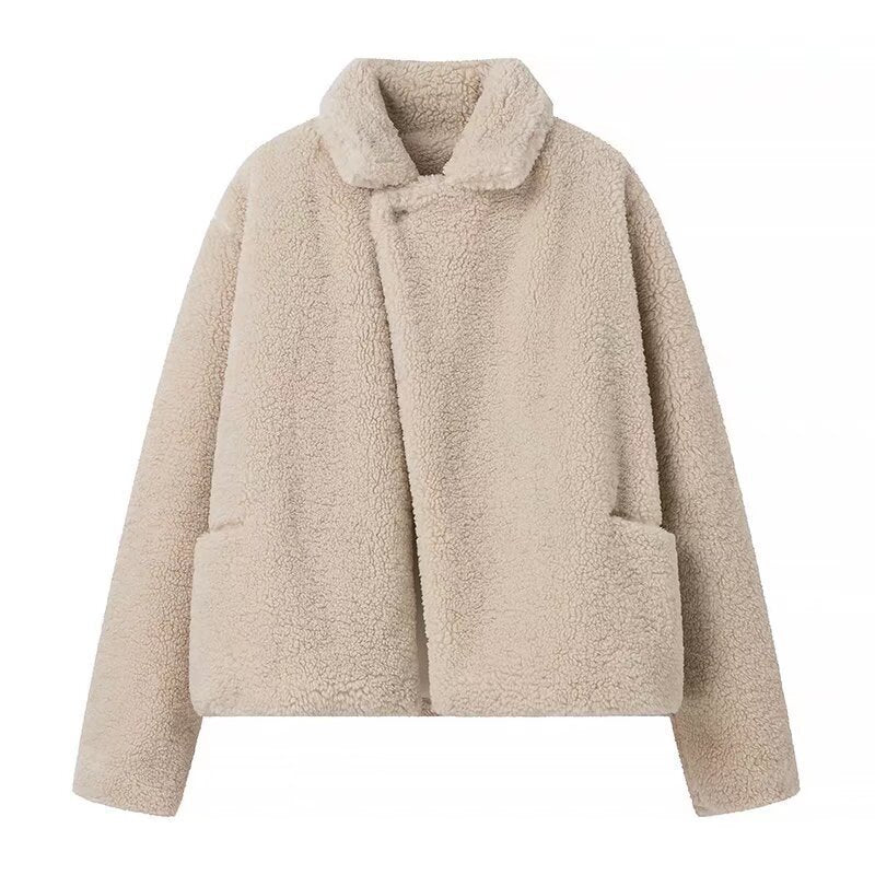 Teddy Fleece Jacket Women's Lapel Relaxed Fit Beige Cropped Coat – Casual, Winter, Office, Gift