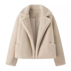 Teddy Fleece Jacket Women's Lapel Relaxed Fit Beige Cropped Coat – Casual, Winter, Office, Gift