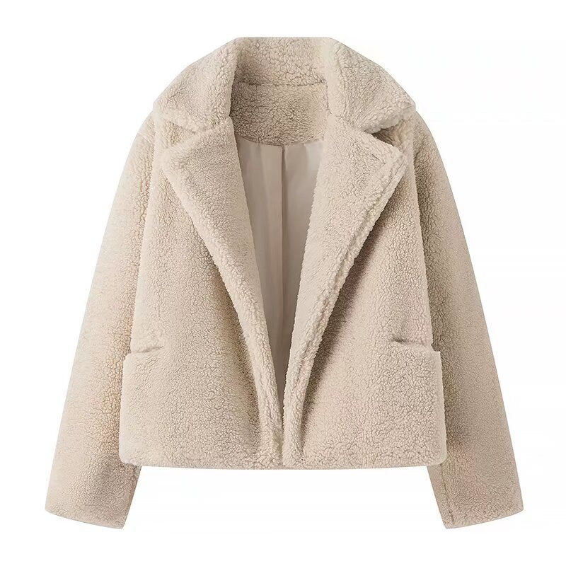 Teddy Fleece Jacket Women's Lapel Relaxed Fit Beige Cropped Coat – Casual, Winter, Office, Gift