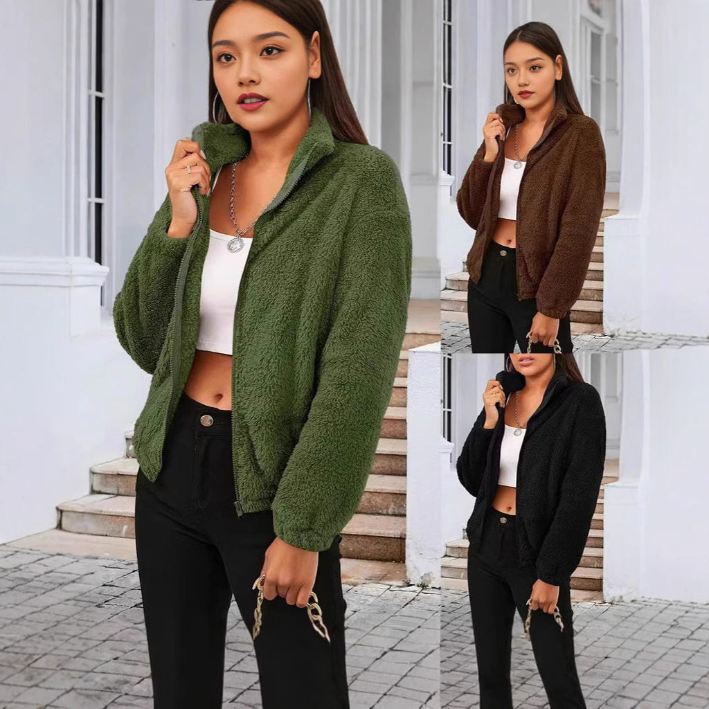 Teddy Fleece Jacket Women's Zip-Up High Collar Relaxed Fit – Casual, Winter, Everyday