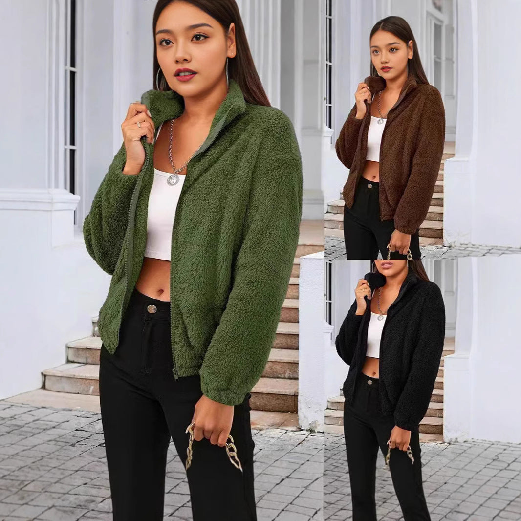 Teddy Fleece Jacket Women's Zip-Up High Collar Relaxed Fit – Casual, Winter, Everyday