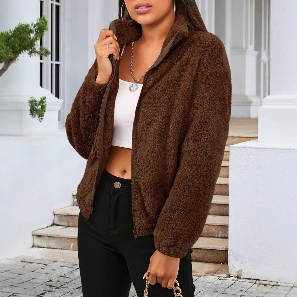Teddy Fleece Jacket Women's Zip-Up High Collar Relaxed Fit – Casual, Winter, Everyday