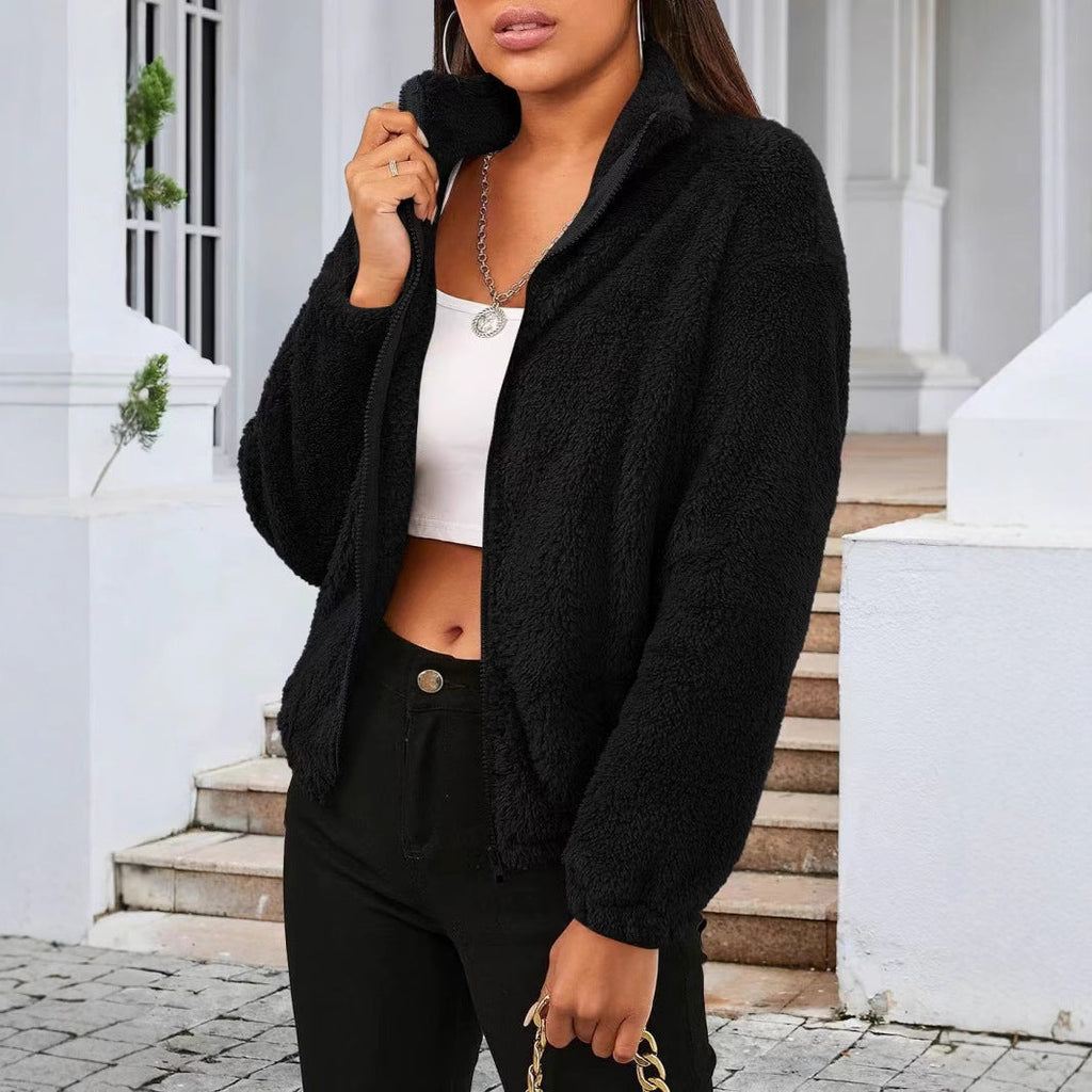Teddy Fleece Jacket Women's Zip-Up High Collar Relaxed Fit – Casual, Winter, Everyday