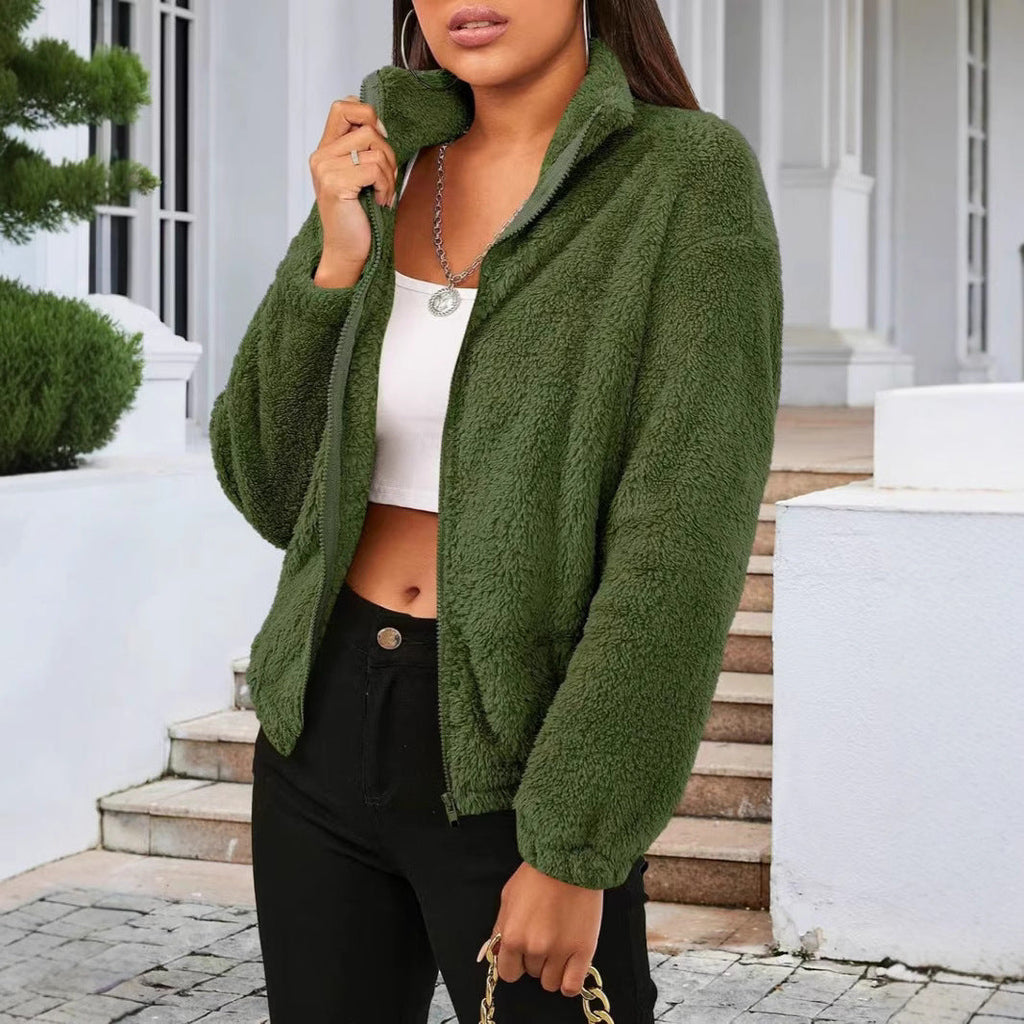 Teddy Fleece Jacket Women's Zip-Up High Collar Relaxed Fit – Casual, Winter, Everyday