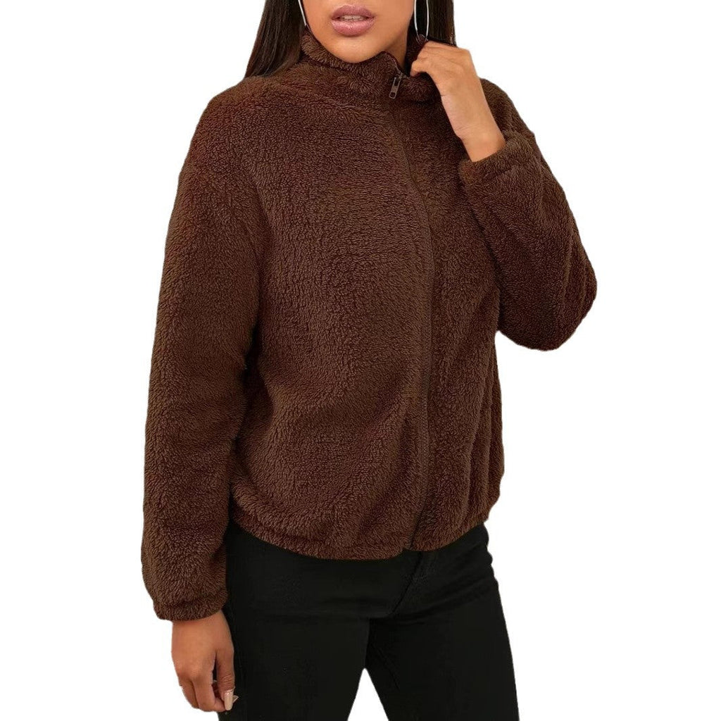Teddy Fleece Jacket Women's Zip-Up High Collar Relaxed Fit – Casual, Winter, Everyday