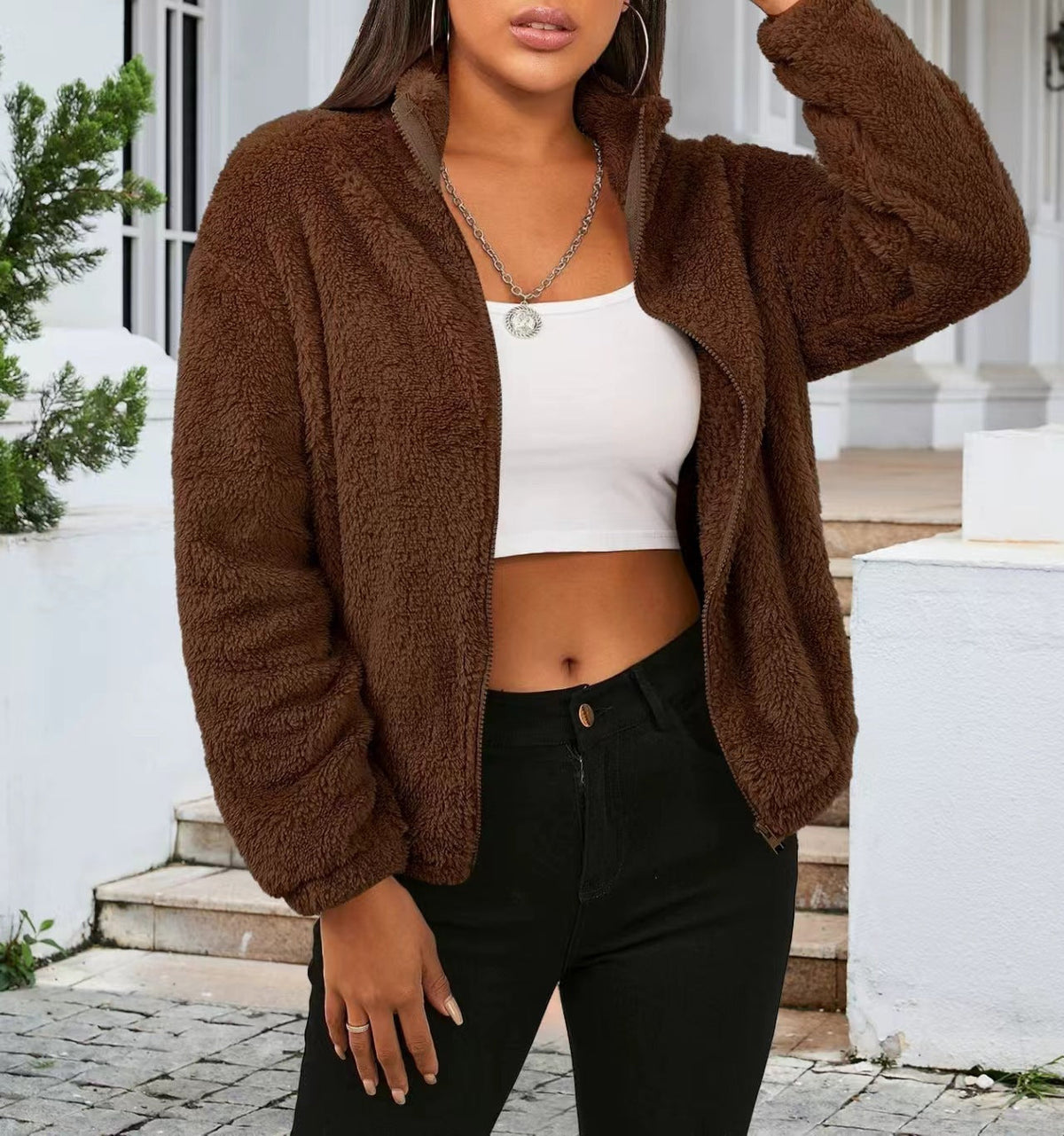 Teddy Fleece Jacket Women's Zip-Up High Collar Relaxed Fit – Casual, Winter, Everyday