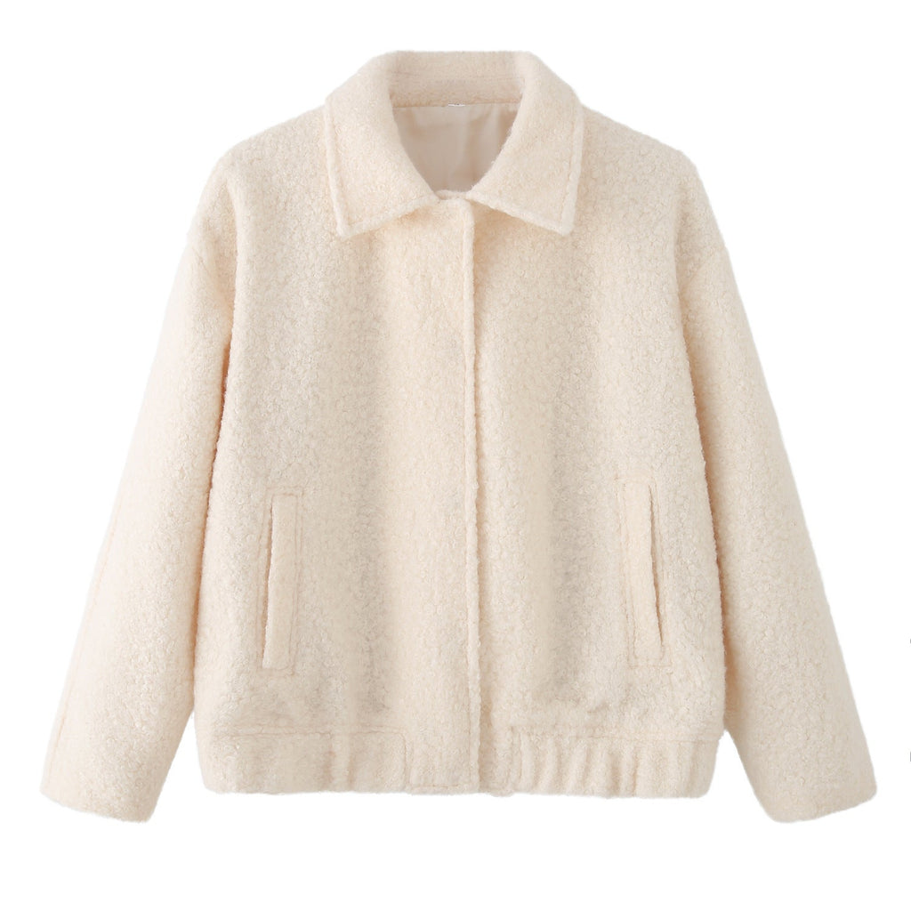 Teddy Jacket Women's Button-Front Camel Boucle Collar Coat with Side Pockets – Casual, Winter, Gift