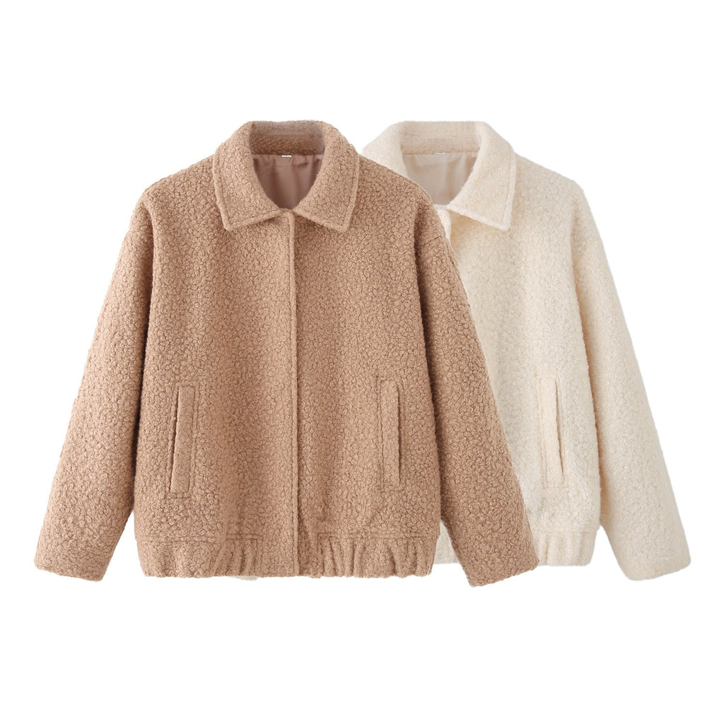 Teddy Jacket Women's Button-Front Camel Boucle Collar Coat with Side Pockets – Casual, Winter, Gift
