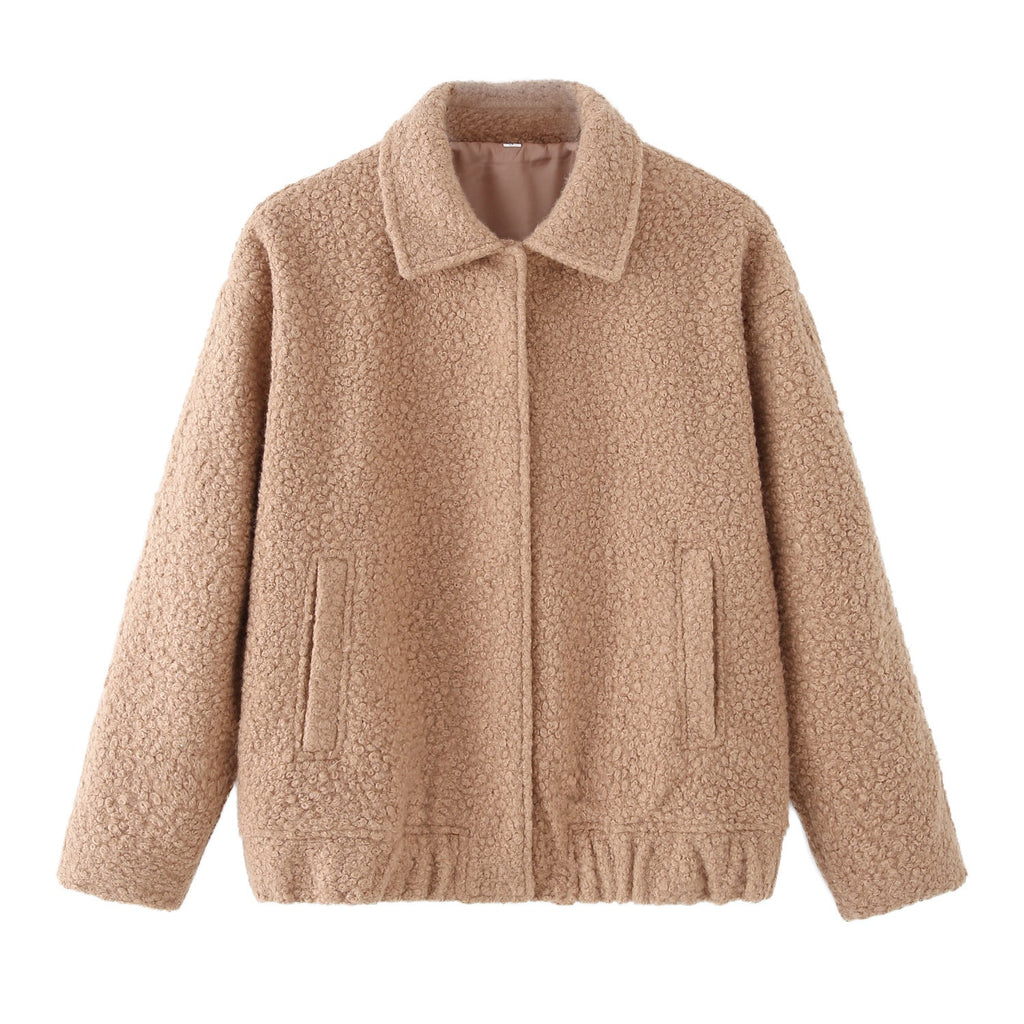 Teddy Jacket Women's Button-Front Camel Boucle Collar Coat with Side Pockets – Casual, Winter, Gift