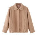 Teddy Jacket Women's Button-Front Camel Boucle Collar Coat with Side Pockets – Casual, Winter, Gift