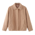 Teddy Jacket Women's Button-Front Camel Boucle Collar Coat with Side Pockets – Casual, Winter, Gift
