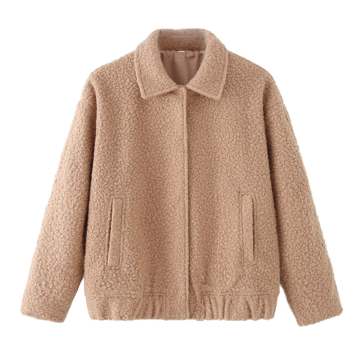 Teddy Jacket Women's Button-Front Camel Boucle Collar Coat with Side Pockets – Casual, Winter, Gift