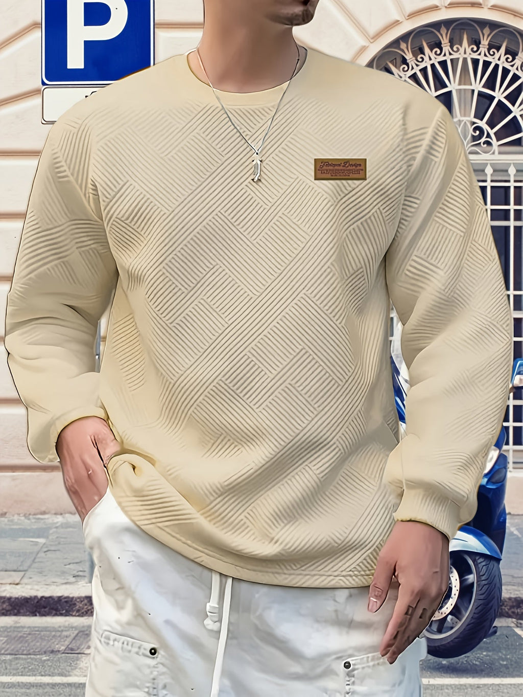 Textured Crew Neck Sweatshirt Men's Cream Long Sleeve Pullover – Casual, Office, Everyday Wear