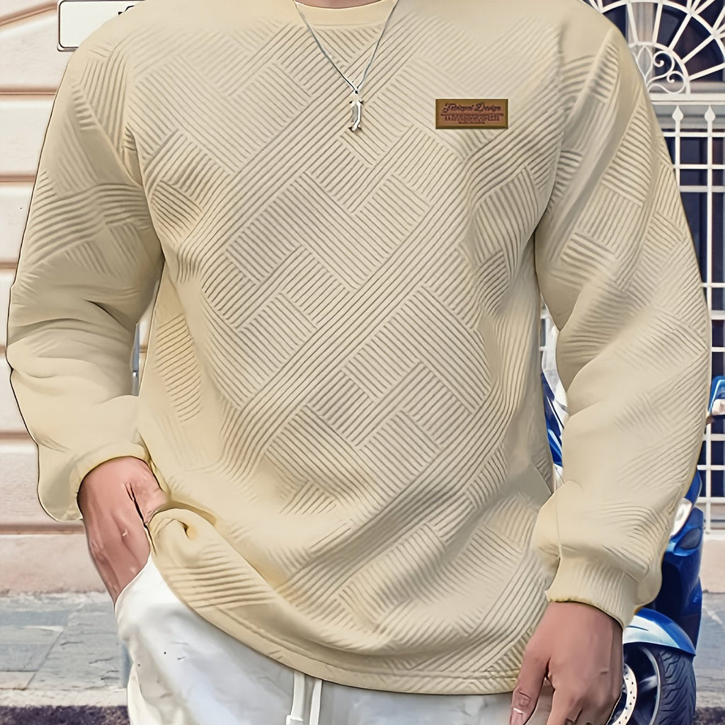 Textured Crew Neck Sweatshirt Men's Cream Long Sleeve Pullover – Casual, Office, Everyday Wear