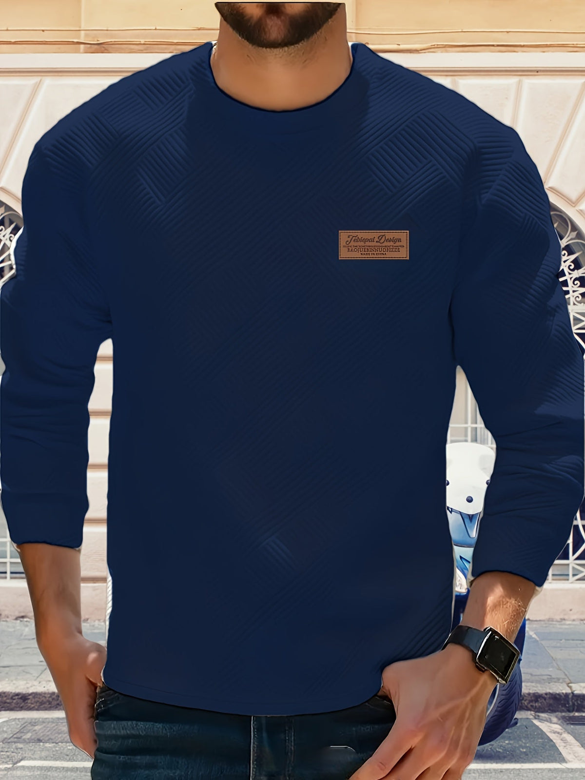 Textured Crew Neck Sweatshirt Men's Cream Long Sleeve Pullover – Casual, Office, Everyday Wear