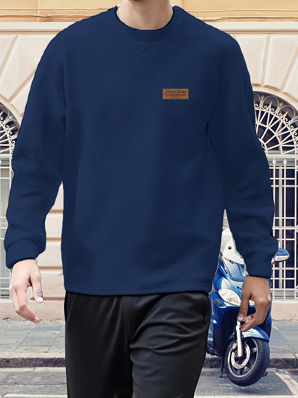 Textured Crew Neck Sweatshirt Men's Cream Long Sleeve Pullover – Casual, Office, Everyday Wear