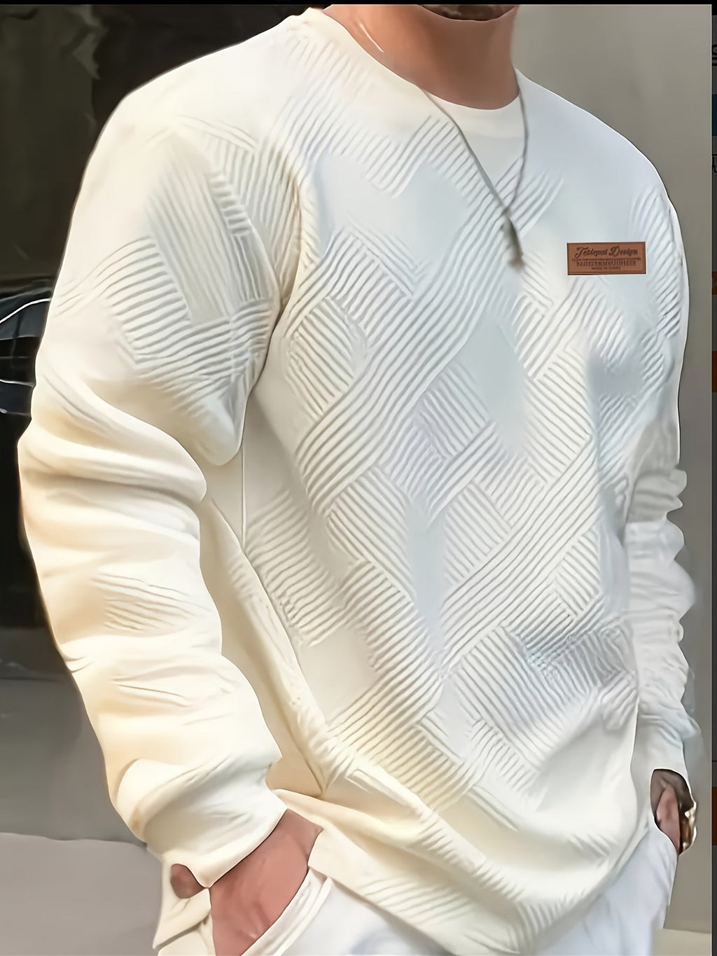Textured Crew Neck Sweatshirt Men's Cream Long Sleeve Pullover – Casual, Office, Everyday Wear