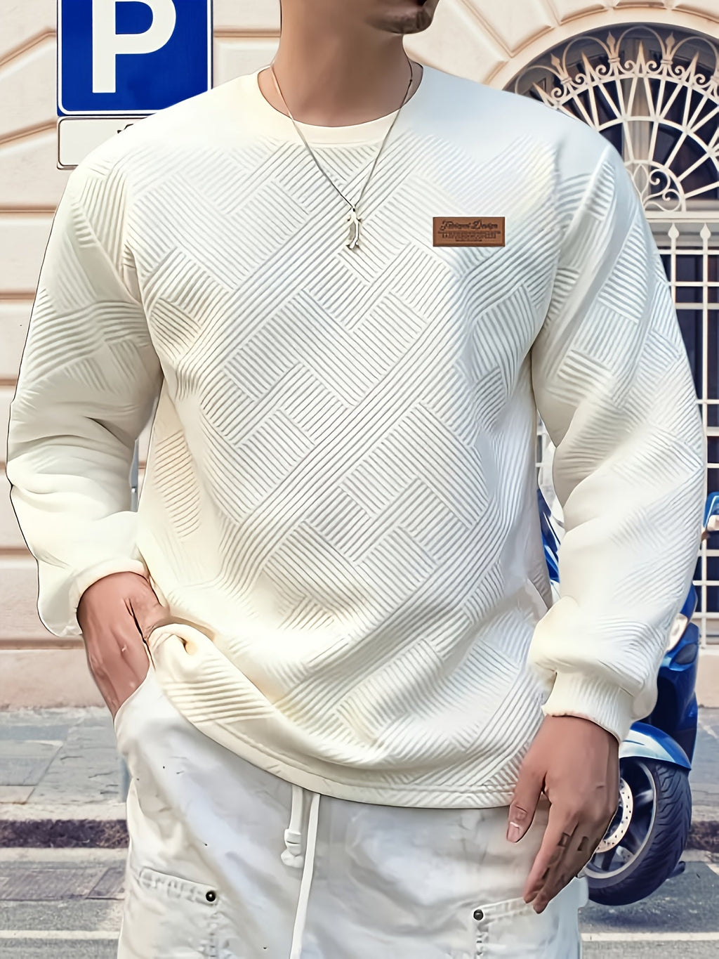 Textured Crew Neck Sweatshirt Men's Cream Long Sleeve Pullover – Casual, Office, Everyday Wear