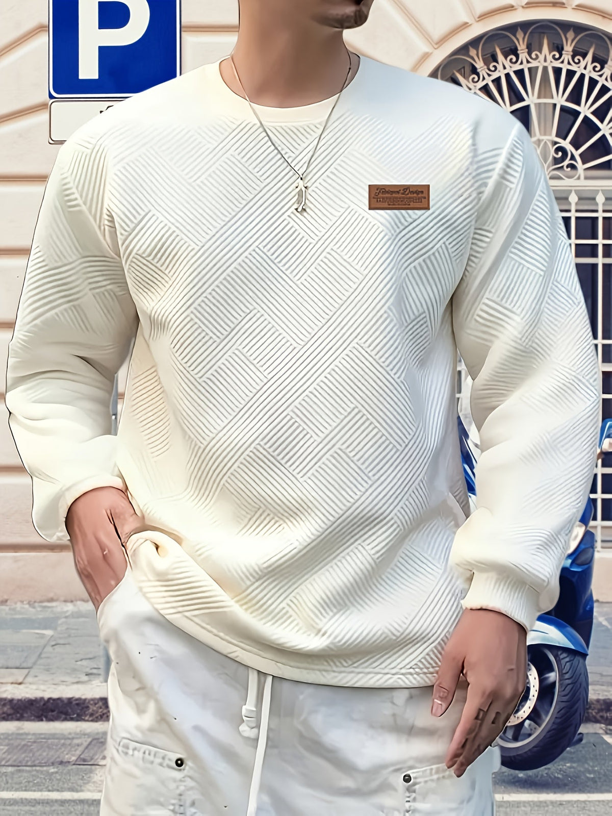 Textured Crew Neck Sweatshirt Men's Cream Long Sleeve Pullover – Casual, Office, Everyday Wear