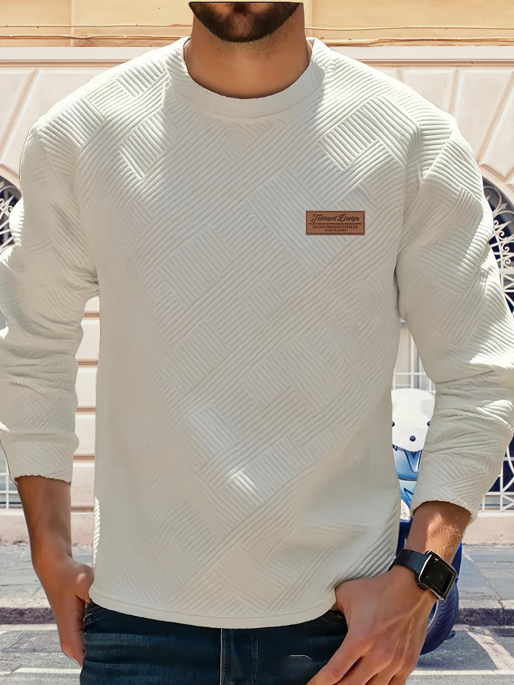 Textured Crew Neck Sweatshirt Men's Cream Long Sleeve Pullover – Casual, Office, Everyday Wear