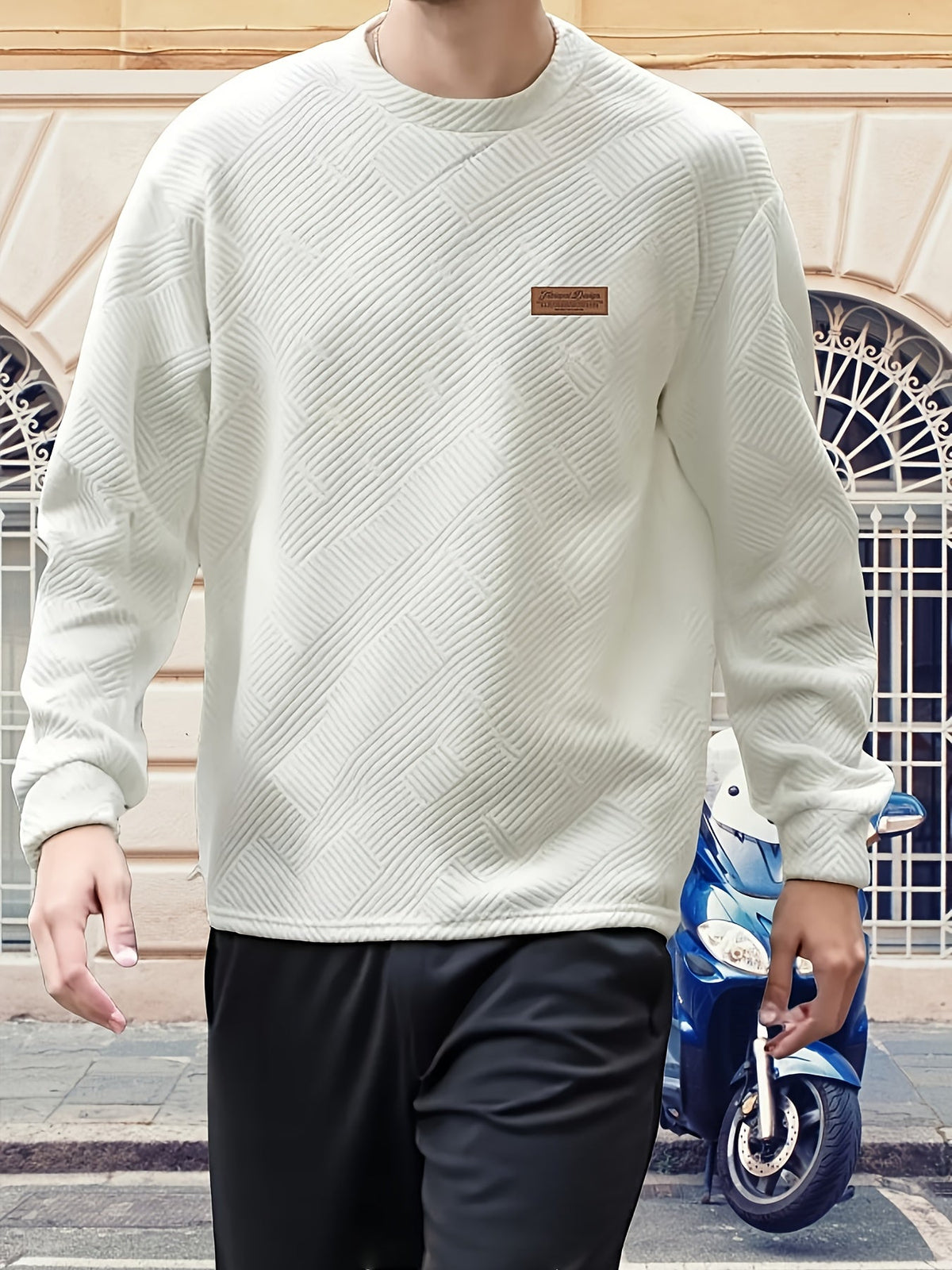 Textured Crew Neck Sweatshirt Men's Cream Long Sleeve Pullover – Casual, Office, Everyday Wear