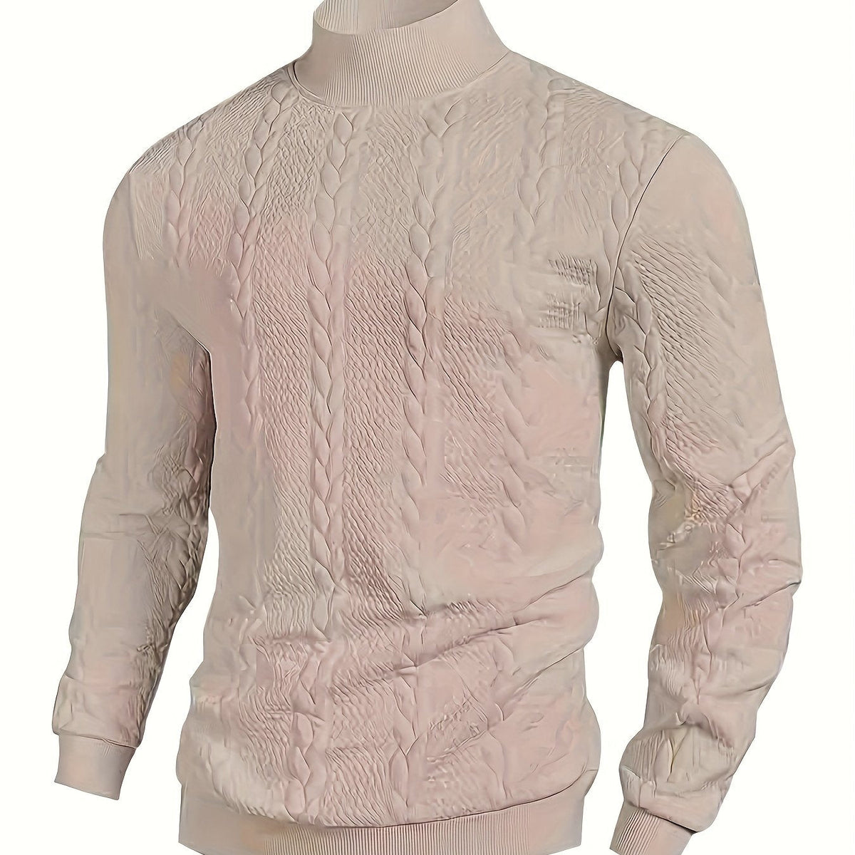 Textured Mock-Neck Sweatshirt Men's Long Sleeve Pullover Beige – Casual, Office, Gift
