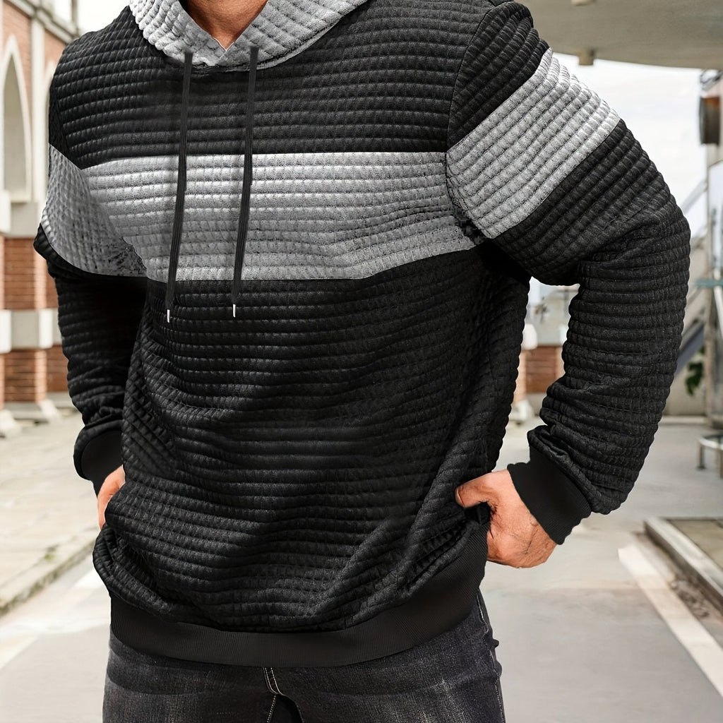Textured Waffle-Knit Hoodie Men's Color-Block Drawstring Pullover with Pocket – Casual, Gift