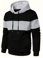 Textured Waffle-Knit Hoodie Men's Color-Block Drawstring Pullover with Pocket – Casual, Gift