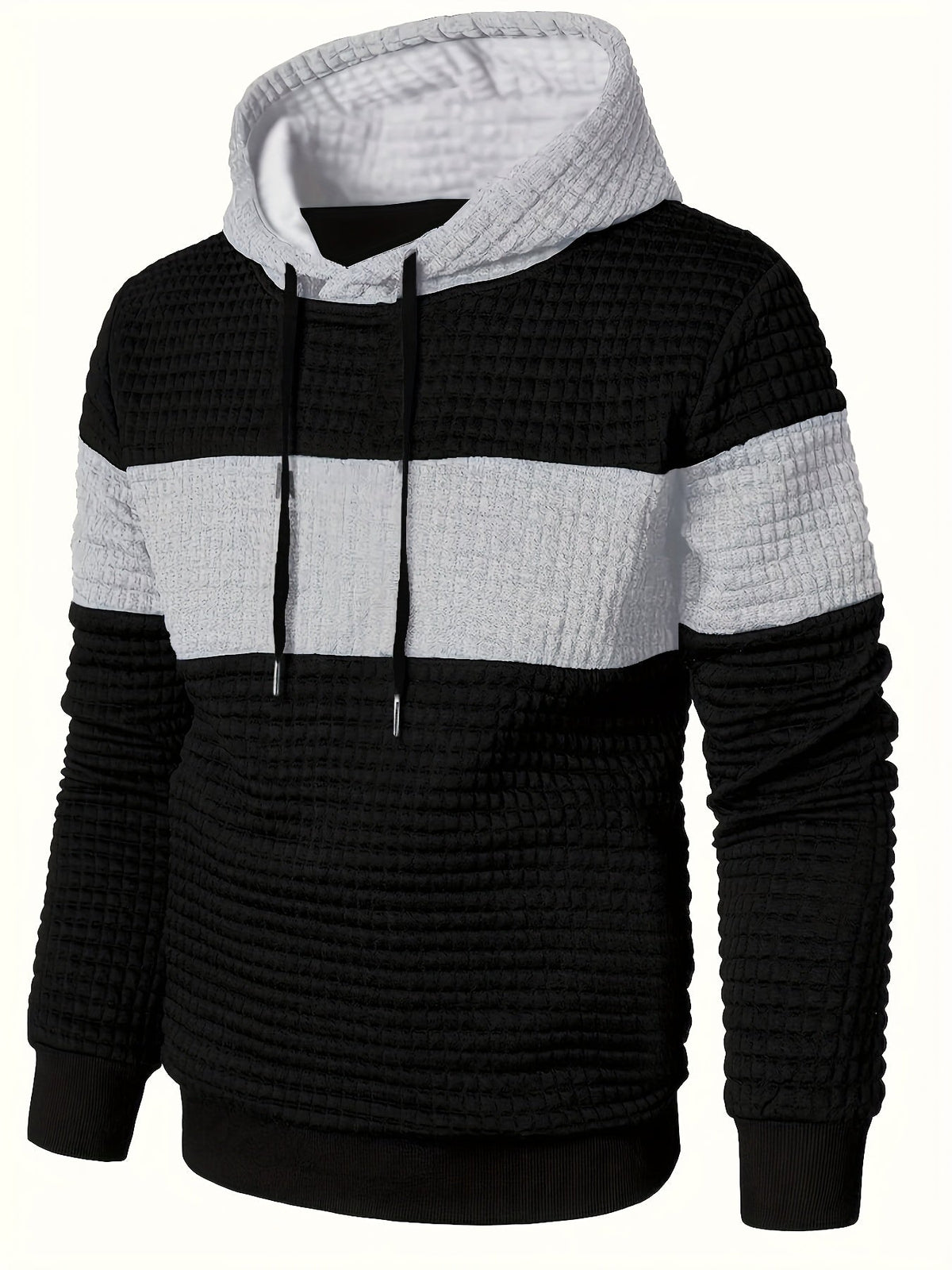 Textured Waffle-Knit Hoodie Men's Color-Block Drawstring Pullover with Pocket – Casual, Gift