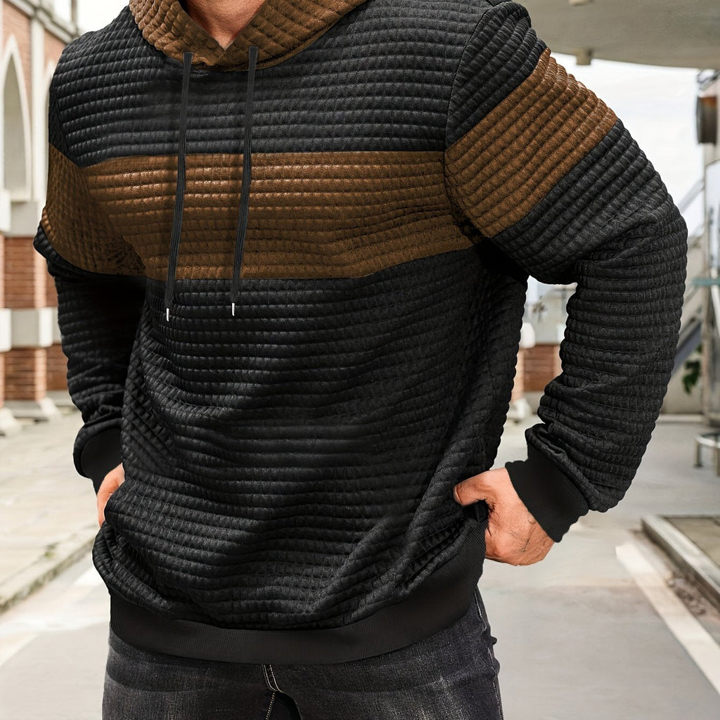 Textured Waffle-Knit Hoodie Men's Color-Block Drawstring Pullover with Pocket – Casual, Gift