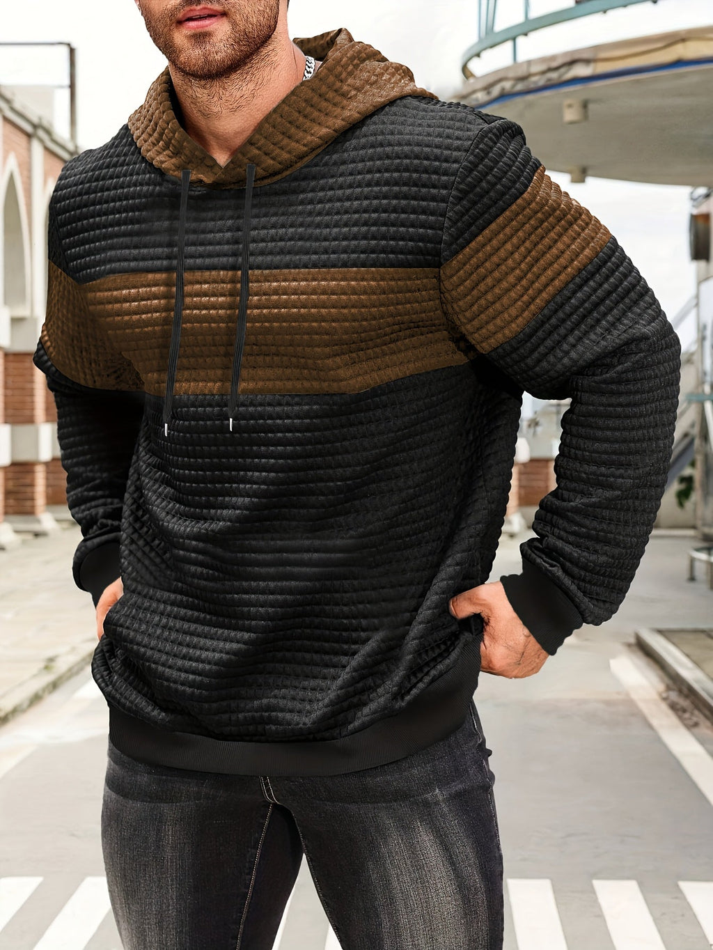 Textured Waffle-Knit Hoodie Men's Color-Block Drawstring Pullover with Pocket – Casual, Gift