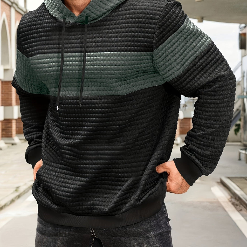 Textured Waffle-Knit Hoodie Men's Color-Block Drawstring Pullover with Pocket – Casual, Gift