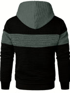 Textured Waffle-Knit Hoodie Men's Color-Block Drawstring Pullover with Pocket – Casual, Gift