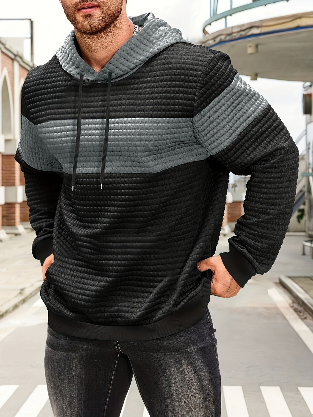 Textured Waffle-Knit Hoodie Men's Color-Block Drawstring Pullover with Pocket – Casual, Gift