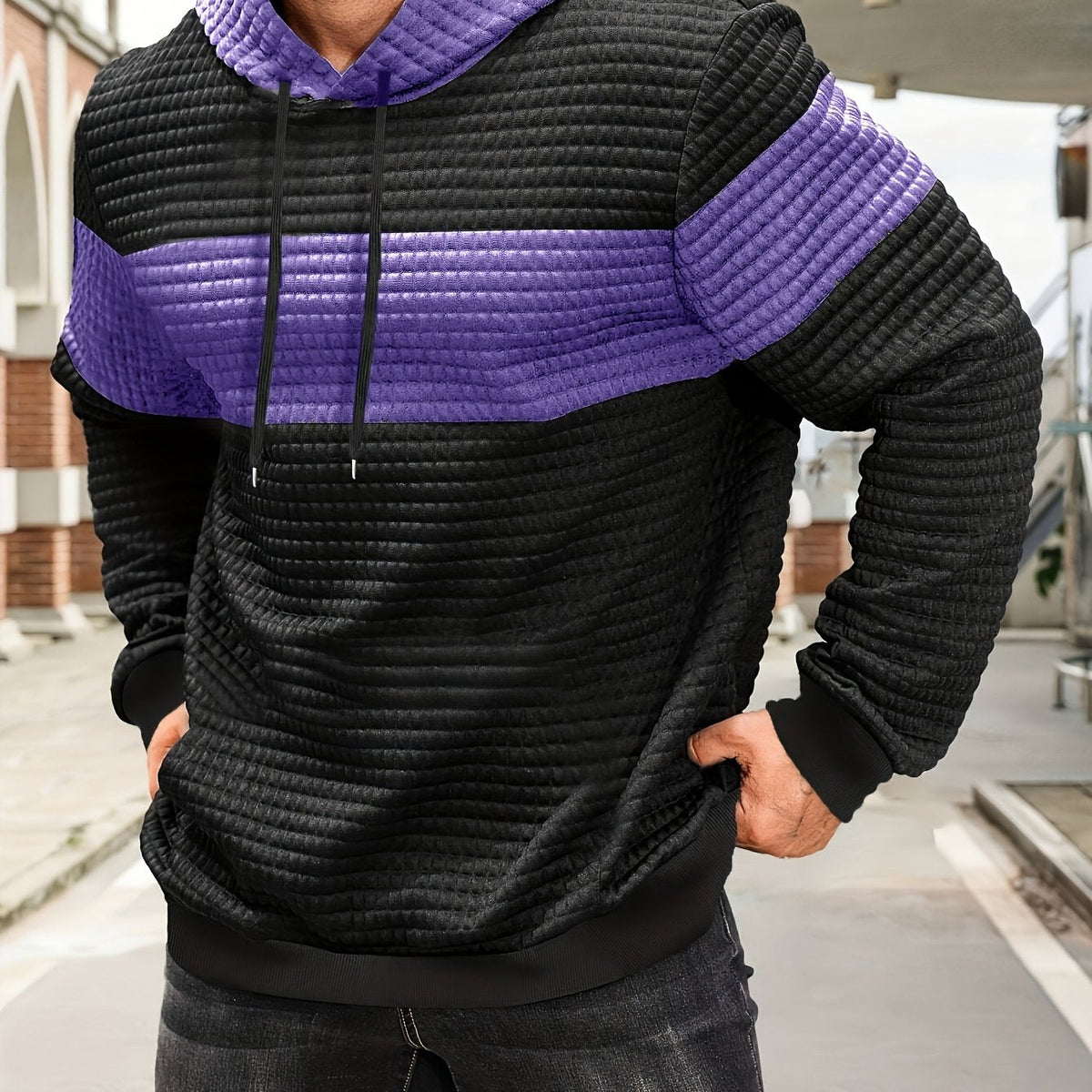 Textured Waffle-Knit Hoodie Men's Color-Block Drawstring Pullover with Pocket – Casual, Gift