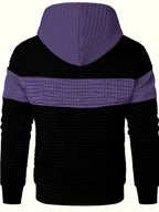 Textured Waffle-Knit Hoodie Men's Color-Block Drawstring Pullover with Pocket – Casual, Gift