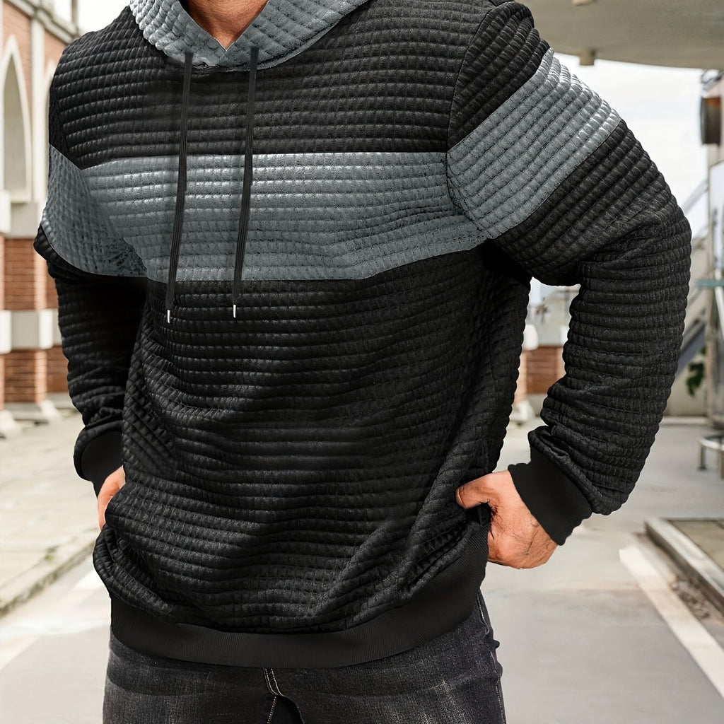 Textured Waffle-Knit Hoodie Men's Color-Block Drawstring Pullover with Pocket – Casual, Gift