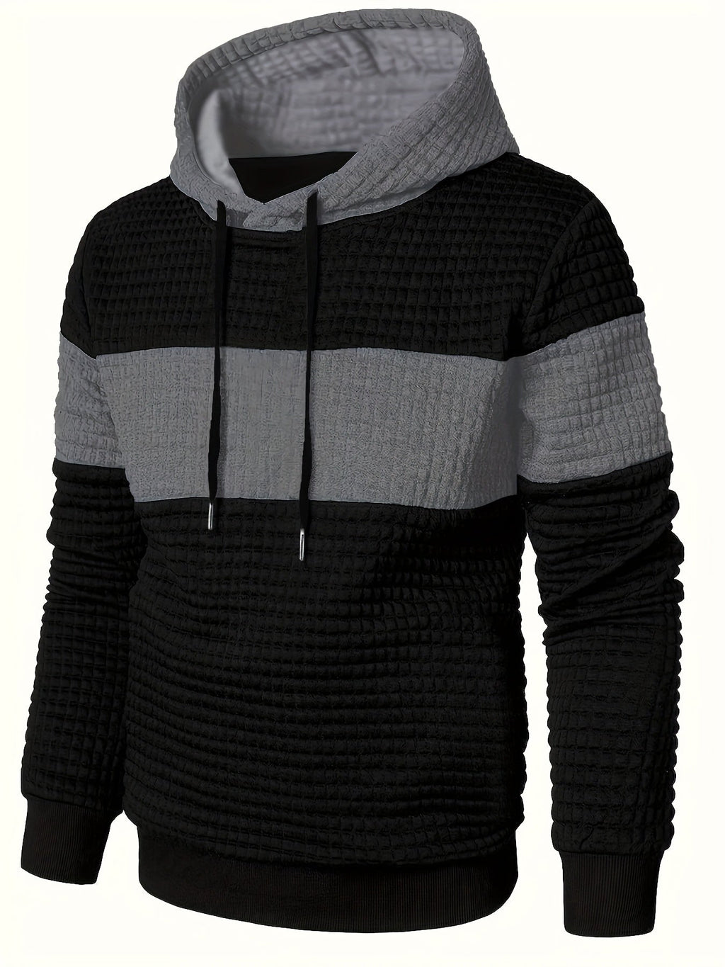 Textured Waffle-Knit Hoodie Men's Color-Block Drawstring Pullover with Pocket – Casual, Gift