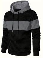 Textured Waffle-Knit Hoodie Men's Color-Block Drawstring Pullover with Pocket – Casual, Gift