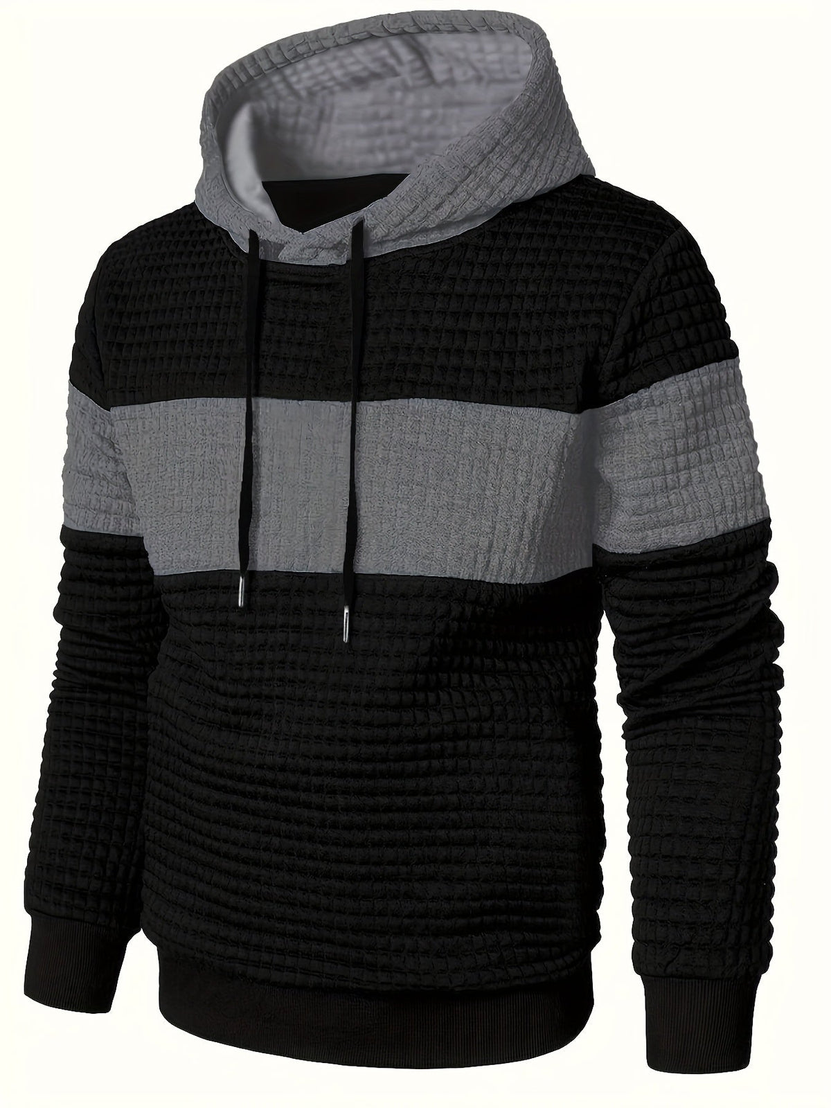 Textured Waffle-Knit Hoodie Men's Color-Block Drawstring Pullover with Pocket – Casual, Gift