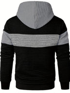 Textured Waffle-Knit Hoodie Men's Color-Block Drawstring Pullover with Pocket – Casual, Gift