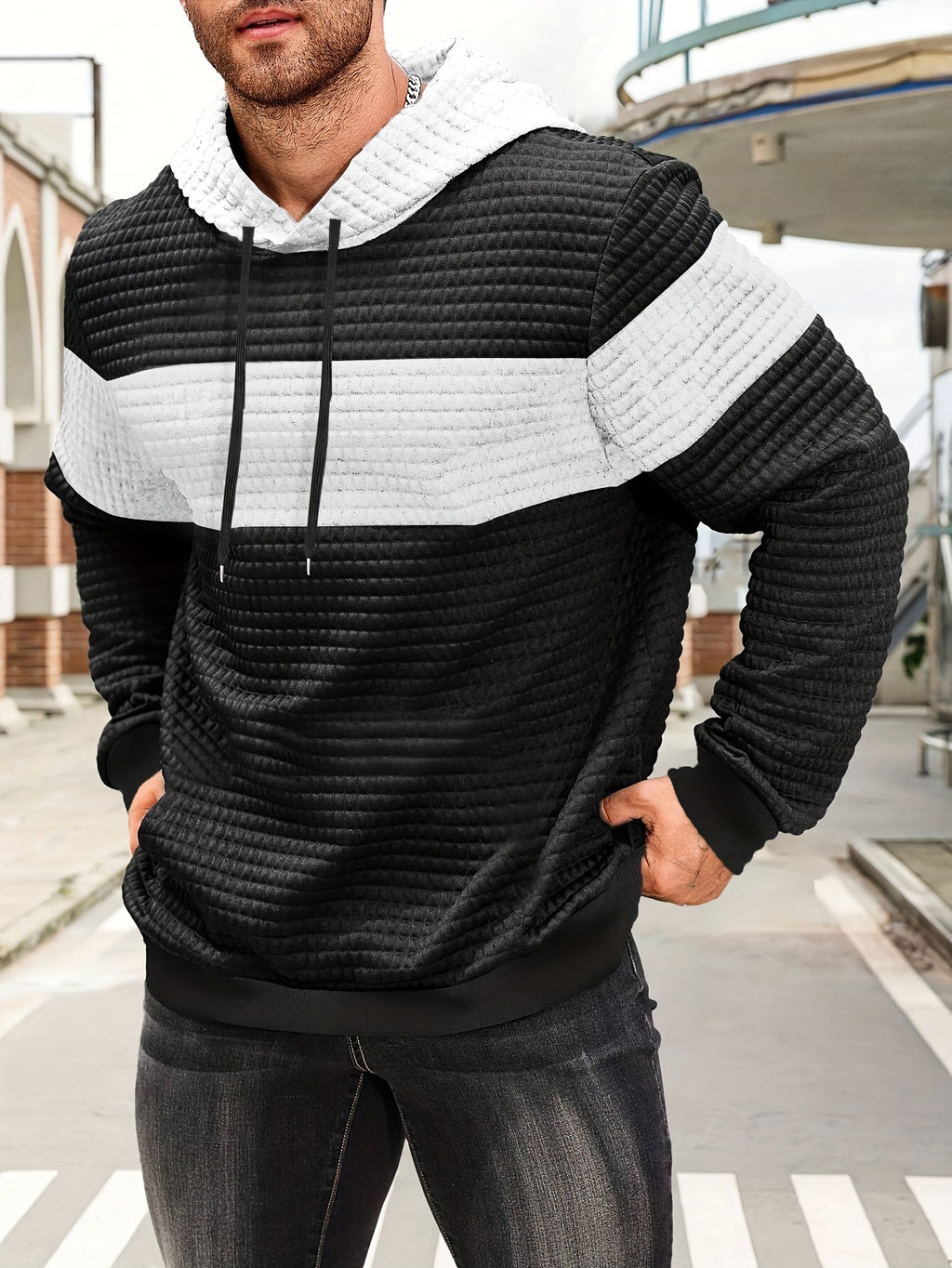 Textured Waffle-Knit Hoodie Men's Color-Block Drawstring Pullover with Pocket – Casual, Gift