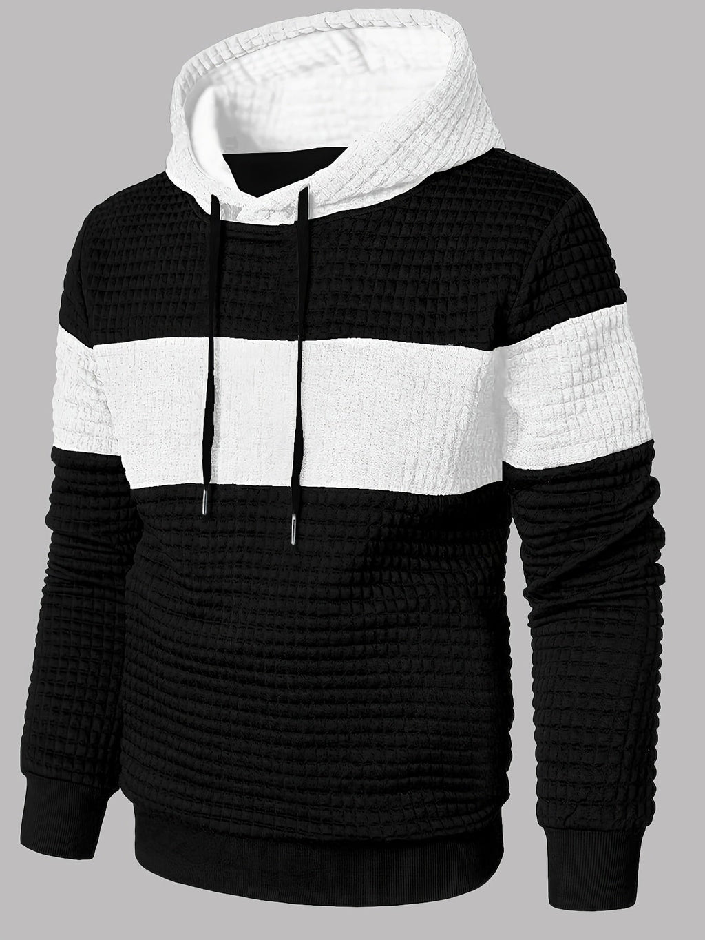 Textured Waffle-Knit Hoodie Men's Color-Block Drawstring Pullover with Pocket – Casual, Gift